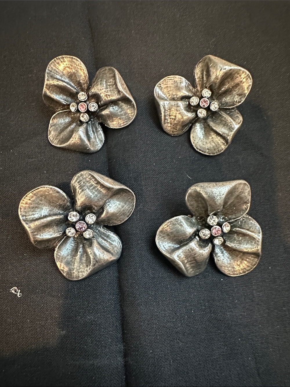 Antique Silver Flower Brooch Set with Crystal Centers - 4 Pack